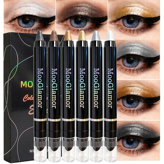MooGlamor eyeshadow stick collection with six shimmering shades for versatile eye looks.