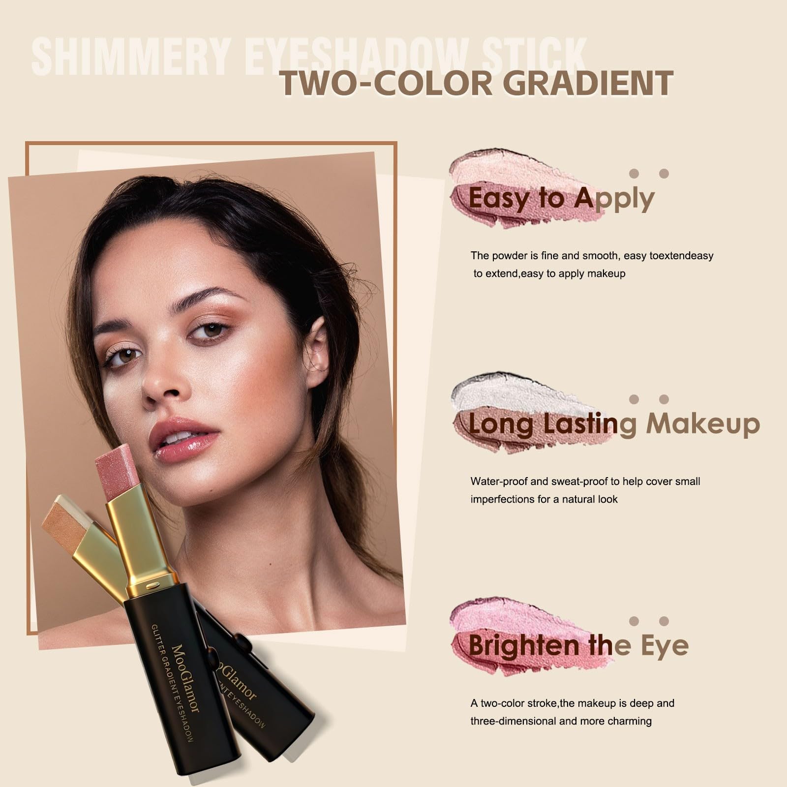 MooGlamor Eye Shadow Stick delivers smooth glitter pigment quickly.