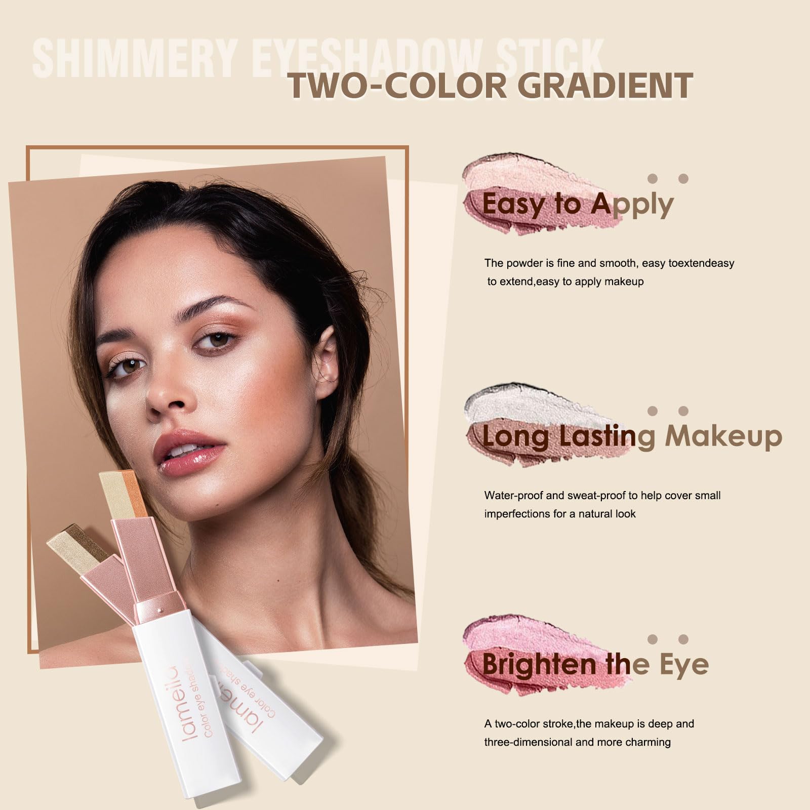 MooGlamor waterproof glitter eyeshadow stick keeps color intact during heat or workouts.