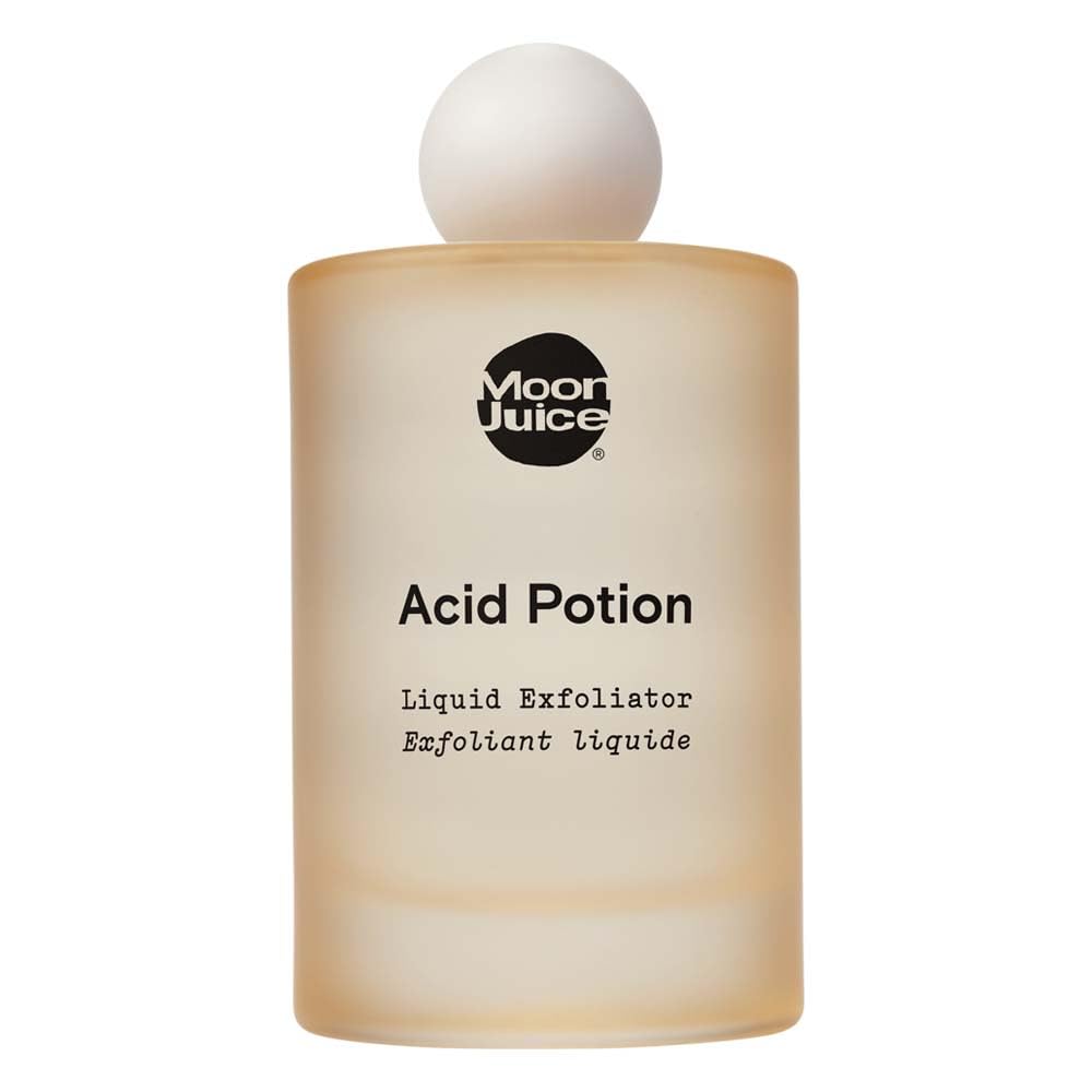 Moon Juice Acid Potion bottle close-up highlighting its exfoliant formula for refreshed, smoother skin