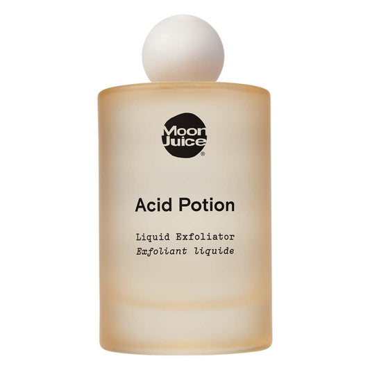 Moon Juice Acid Potion bottle close-up highlighting its exfoliant formula for refreshed, smoother skin