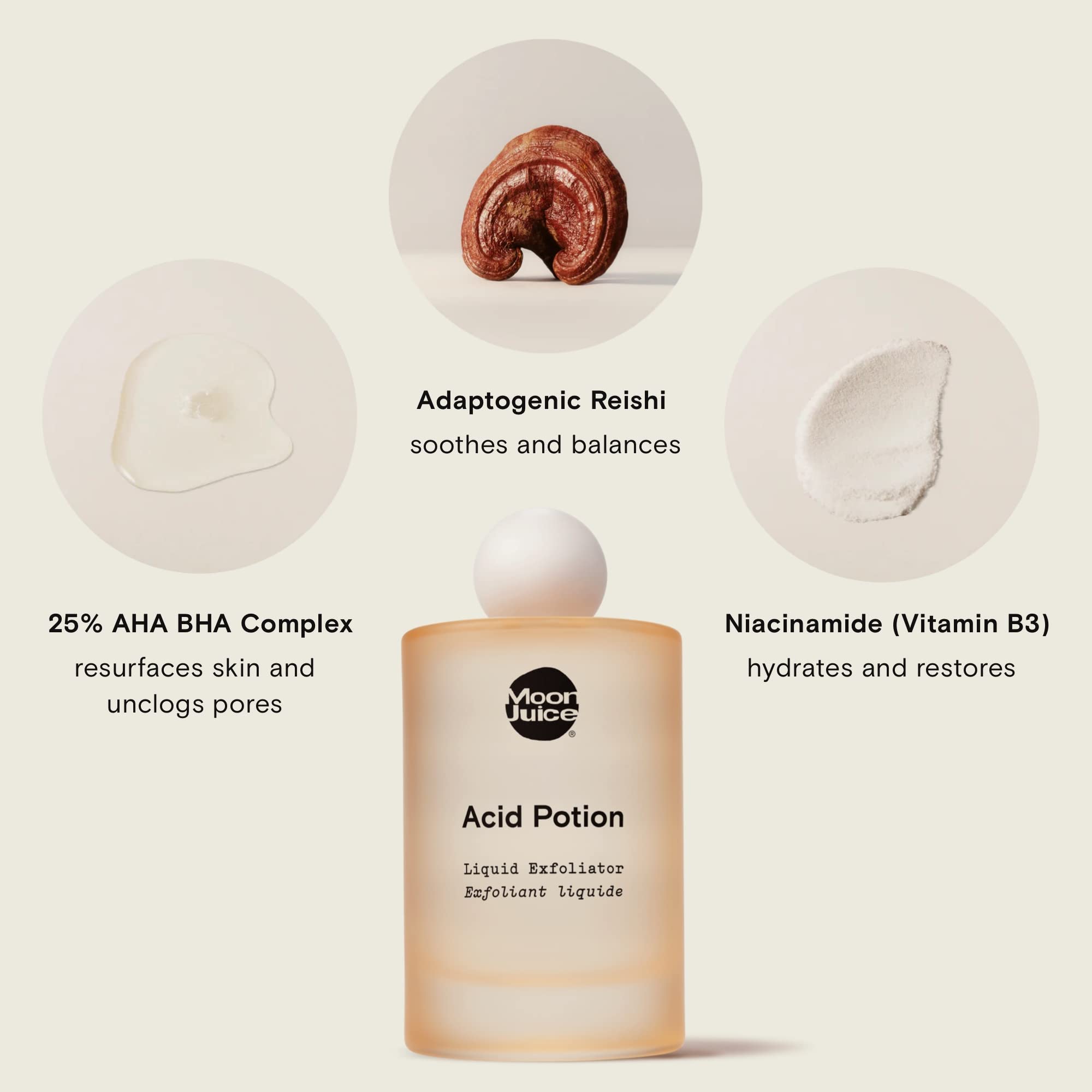 Moon Juice Acid Potion with Niacinamide and Reishi visuals emphasizing soothing hydration and barrier support
