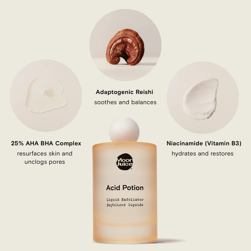 Moon Juice Acid Potion with Niacinamide and Reishi visuals emphasizing soothing hydration and barrier support