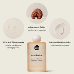 Moon Juice Acid Potion with Niacinamide and Reishi visuals emphasizing soothing hydration and barrier support