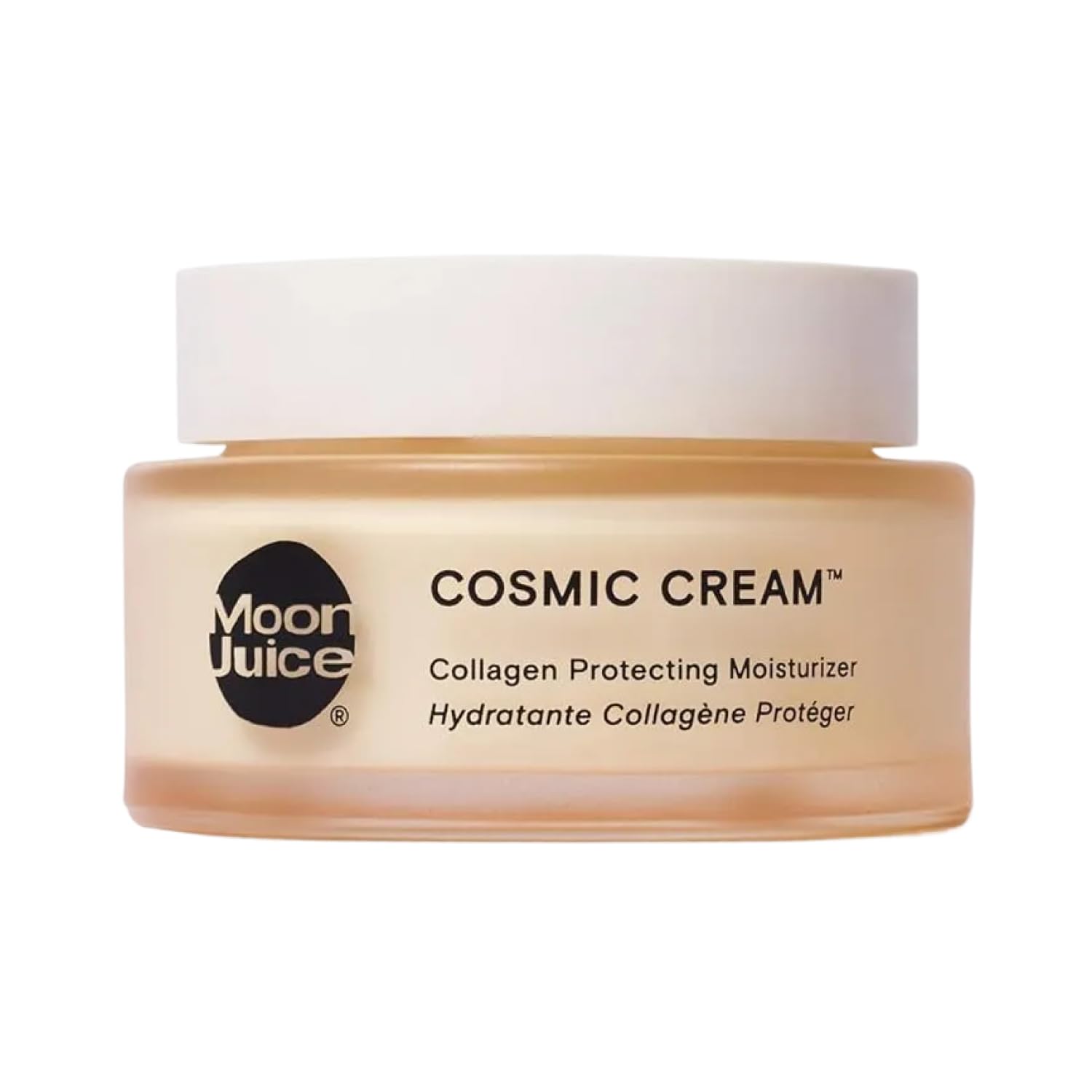 Moon Juice Cosmic Cream bottle closeup, showcasing hydrating formula for daily moisture.