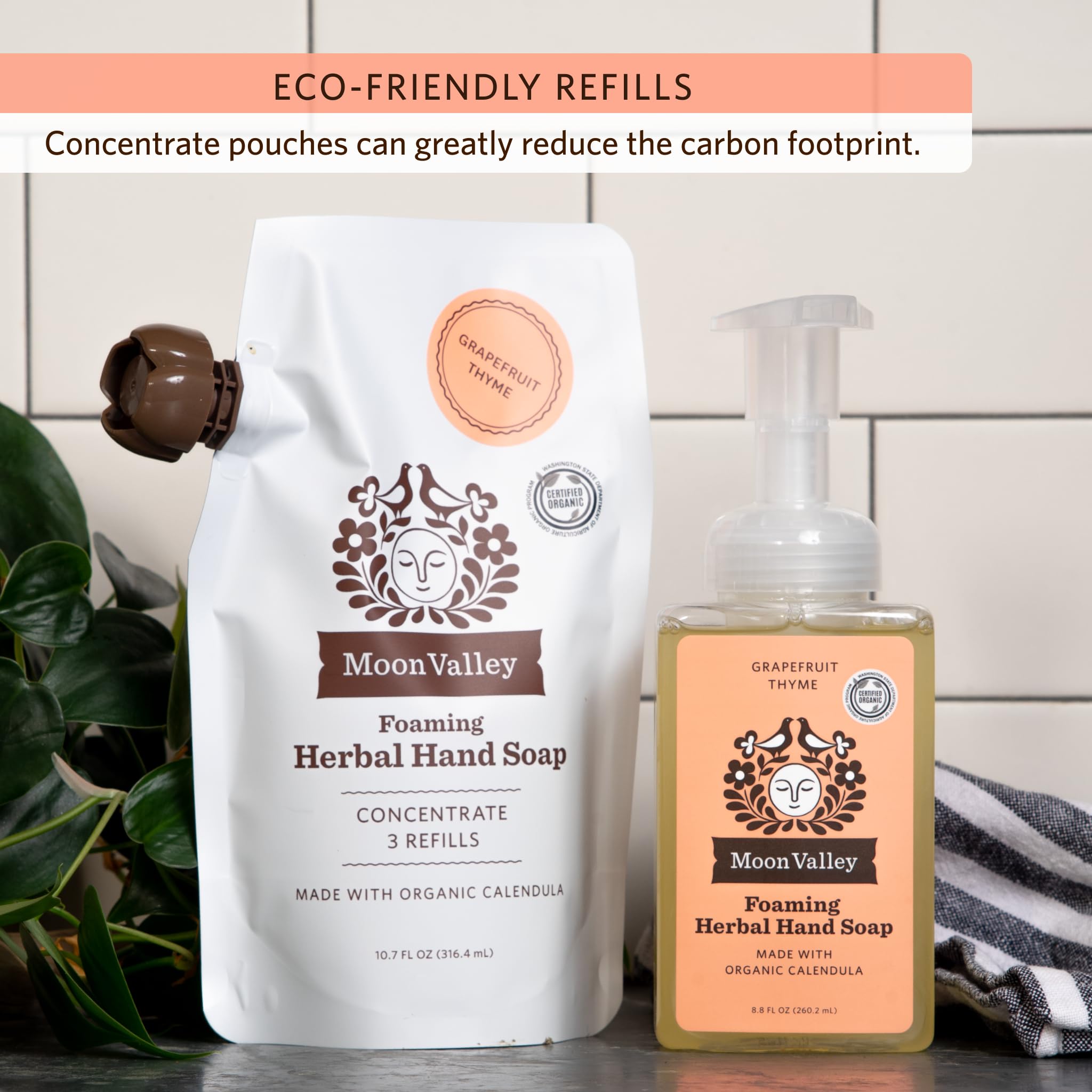 Moon Valley Organics packaging emphasis on recyclability and lower plastic use.