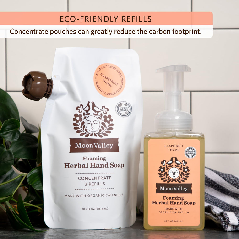 Moon Valley Organics packaging emphasis on recyclability and lower plastic use.
