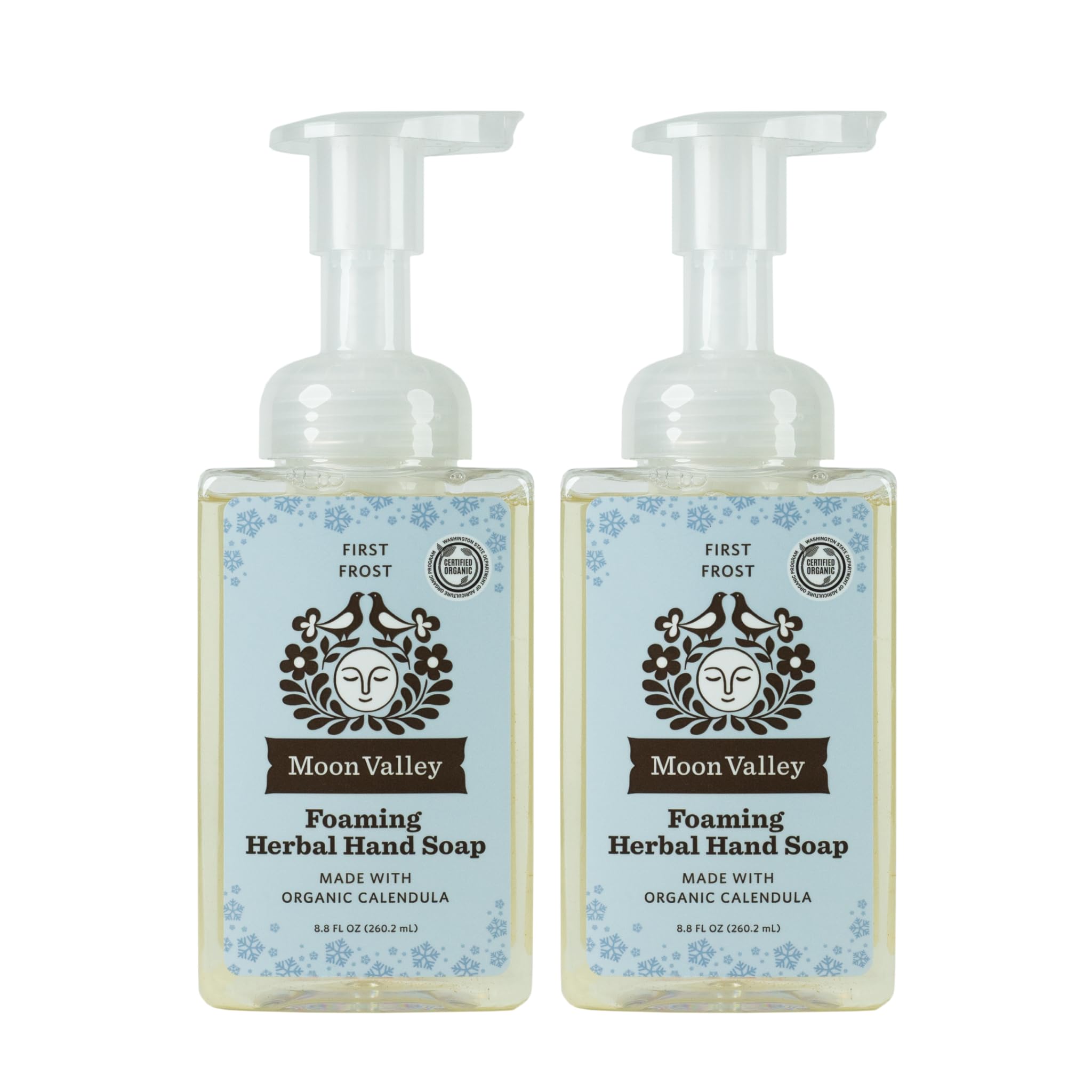 Moon Valley Organics First Frost foaming hand soap bottle close-up with recyclable packaging.