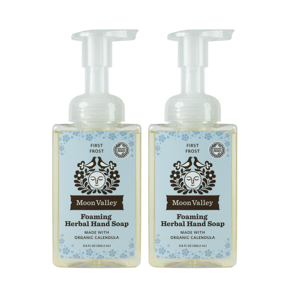 Moon Valley Organics First Frost foaming hand soap bottle close-up with recyclable packaging.