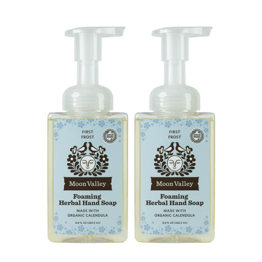 Moon Valley Organics First Frost foaming hand soap bottle close-up with recyclable packaging.