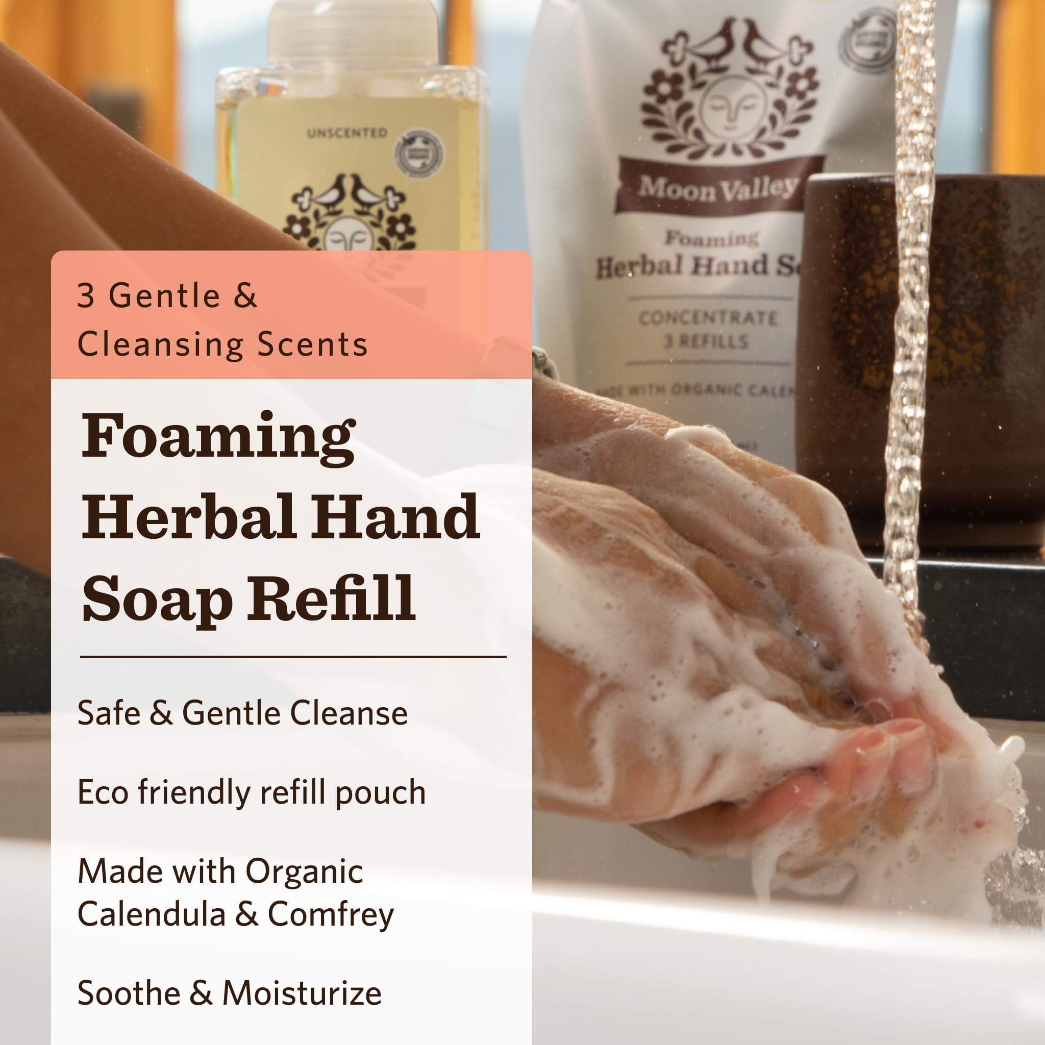 Moon Valley Organics mint lavender refill pouch, convenient three-times refills for your dispenser.