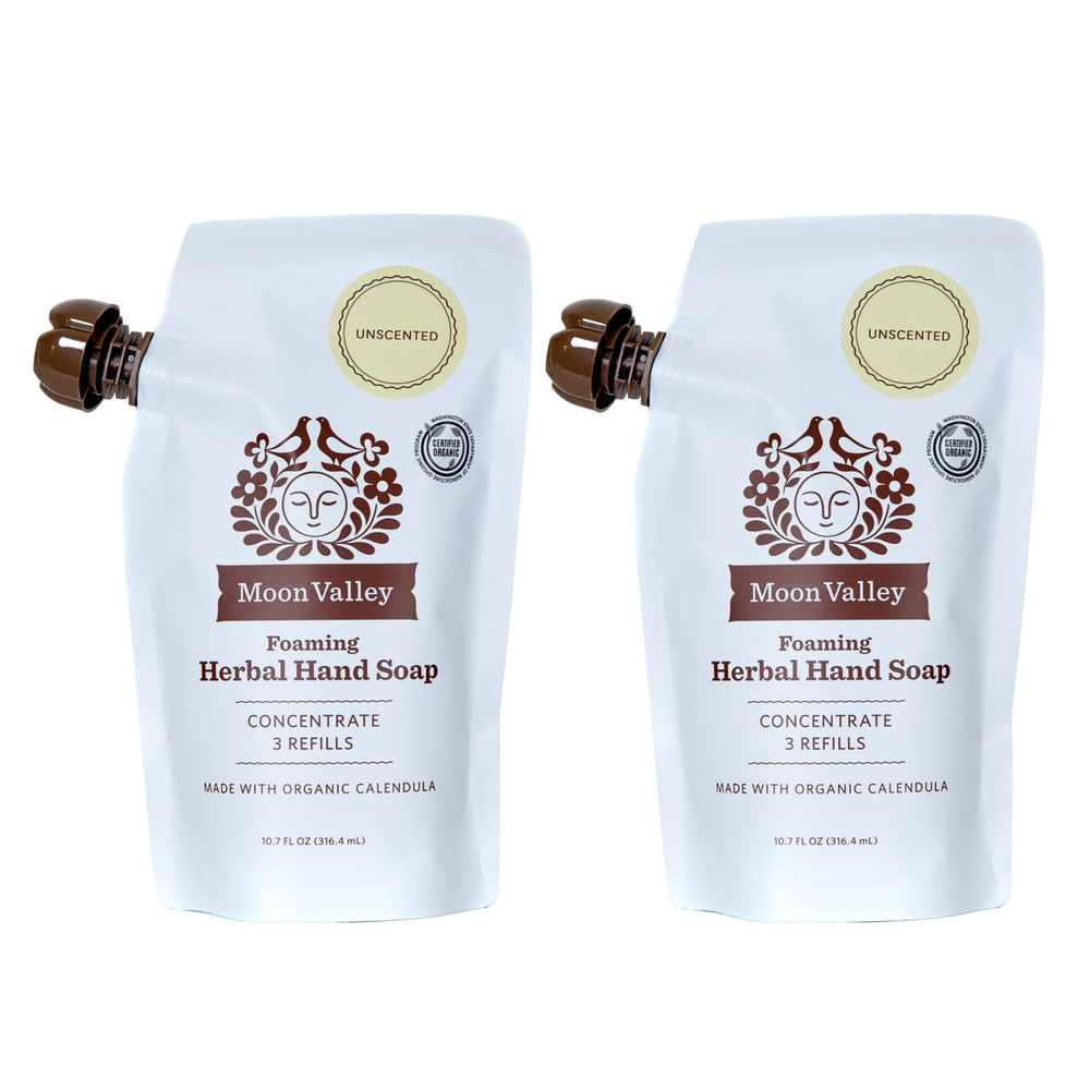 Moon Valley refill pouch two-pack for foaming hand soap, promotes plastic waste reduction