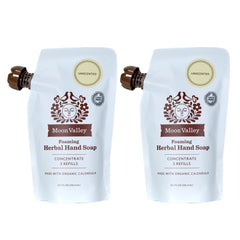 Moon Valley refill pouch two-pack for foaming hand soap, promotes plastic waste reduction