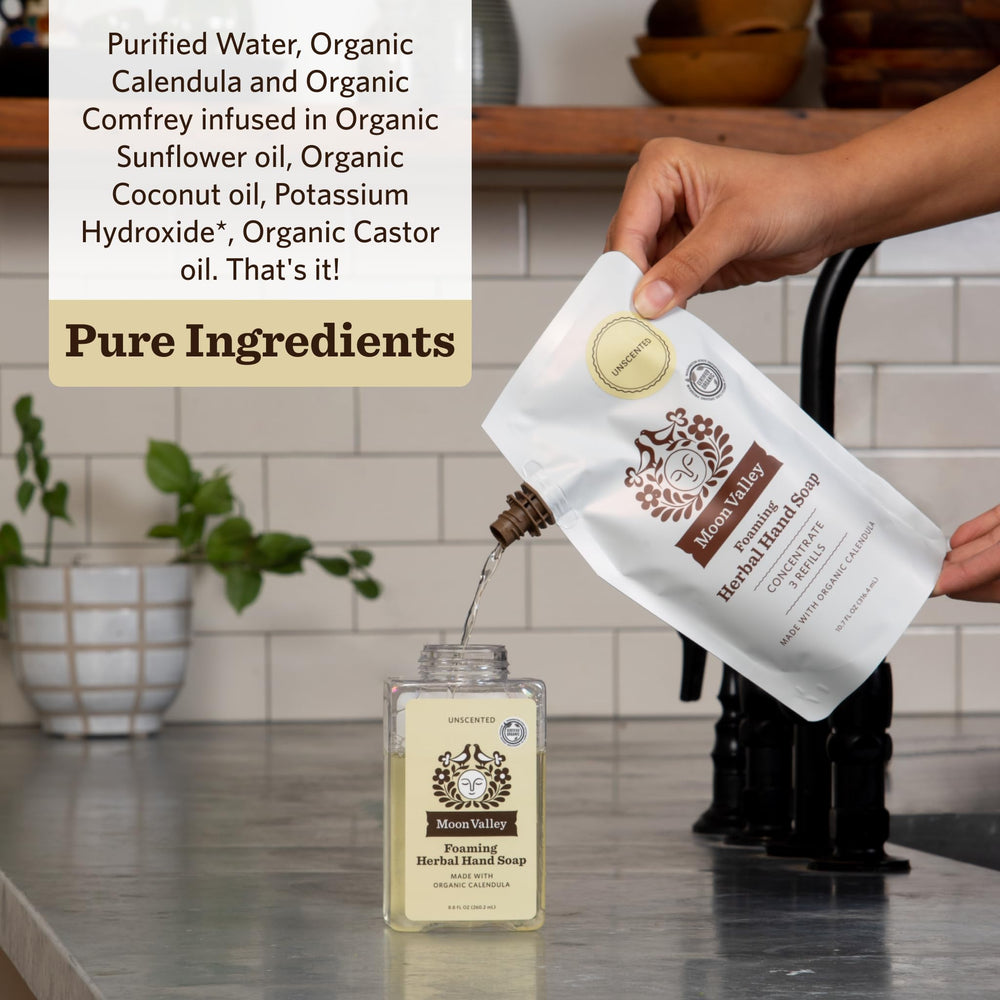 Moon Valley vegan non-GMO ingredients label on refill pouch