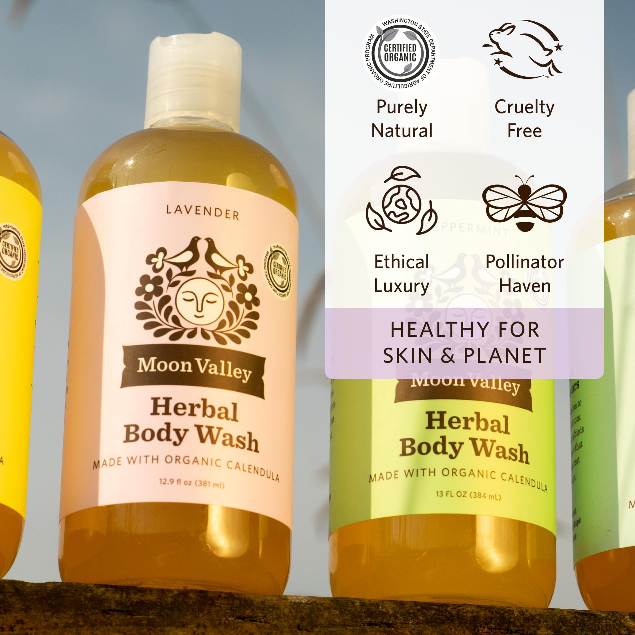Moon Valley Organics Body Wash foam lather showcasing rich, moisturizing bubbles.
