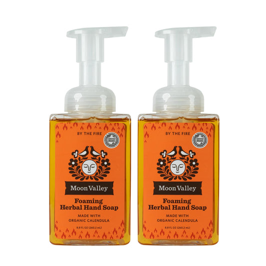 Moon Valley Organics By the Fire foaming hand soap bottle front showing seasonal scent