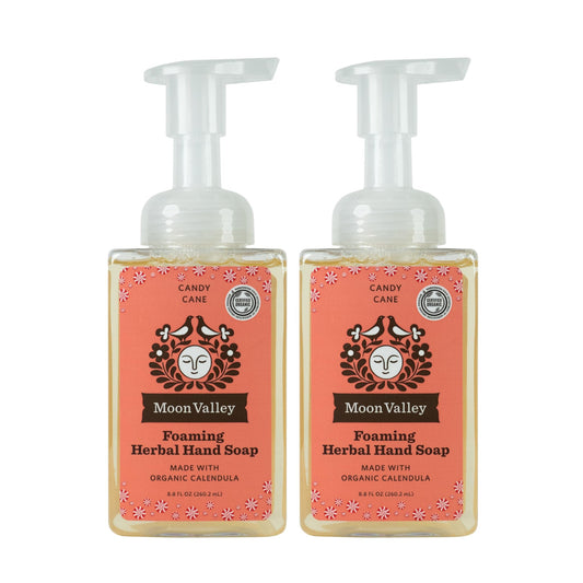 Moon Valley Organics Candy Cane foaming hand soap two-pack bottle, recyclable and gentle on skin.