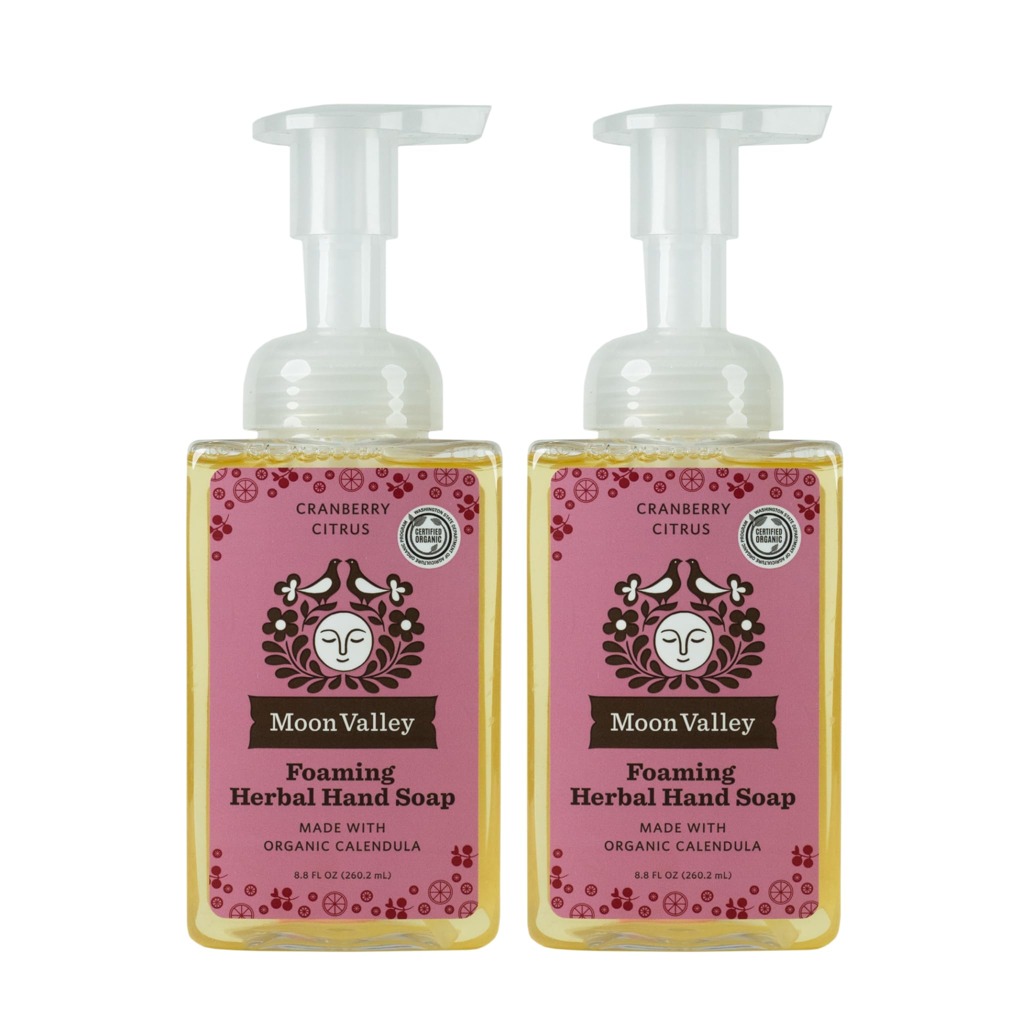 Moon Valley Organics Cranberry Citrus foaming soap bottle front for gentle cleansing