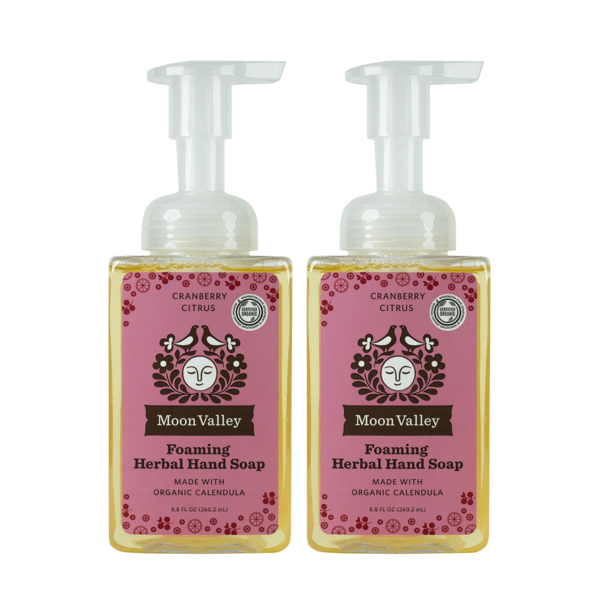 Moon Valley Organics Cranberry Citrus foaming soap bottle front for gentle cleansing