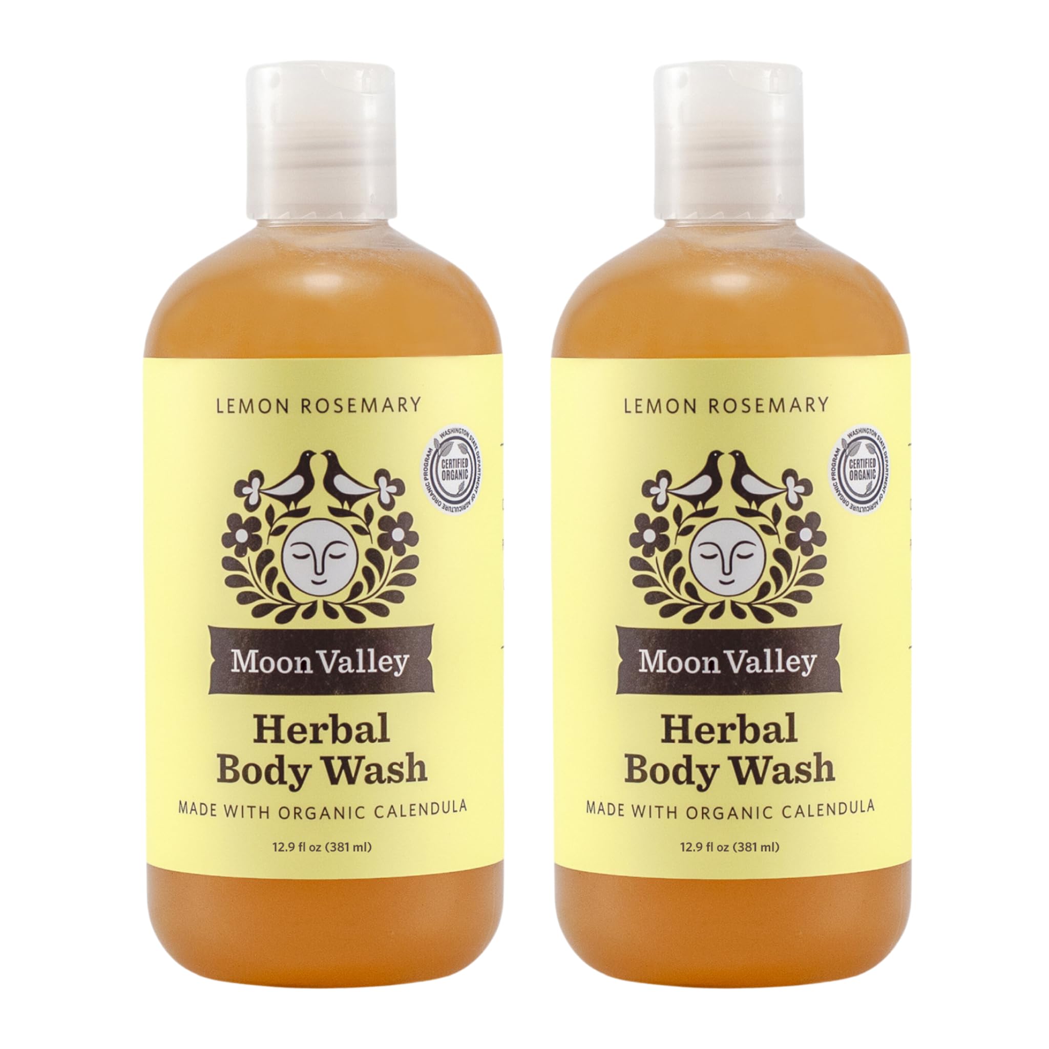 Moon Valley Organics Lemon Rosemary bottle front—gentle, all-natural cleansing for daily use.