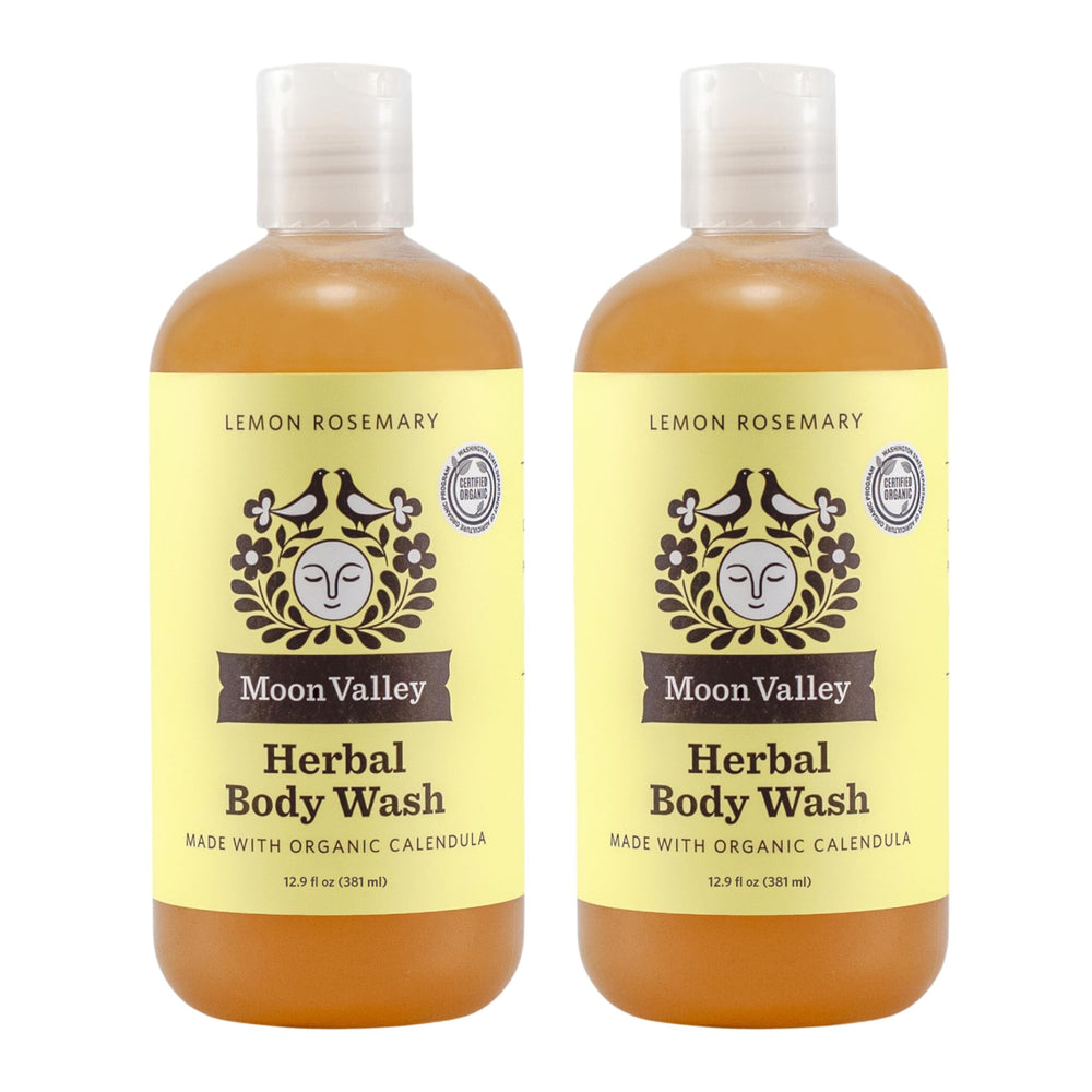 Moon Valley Organics Lemon Rosemary bottle front—gentle, all-natural cleansing for daily use.