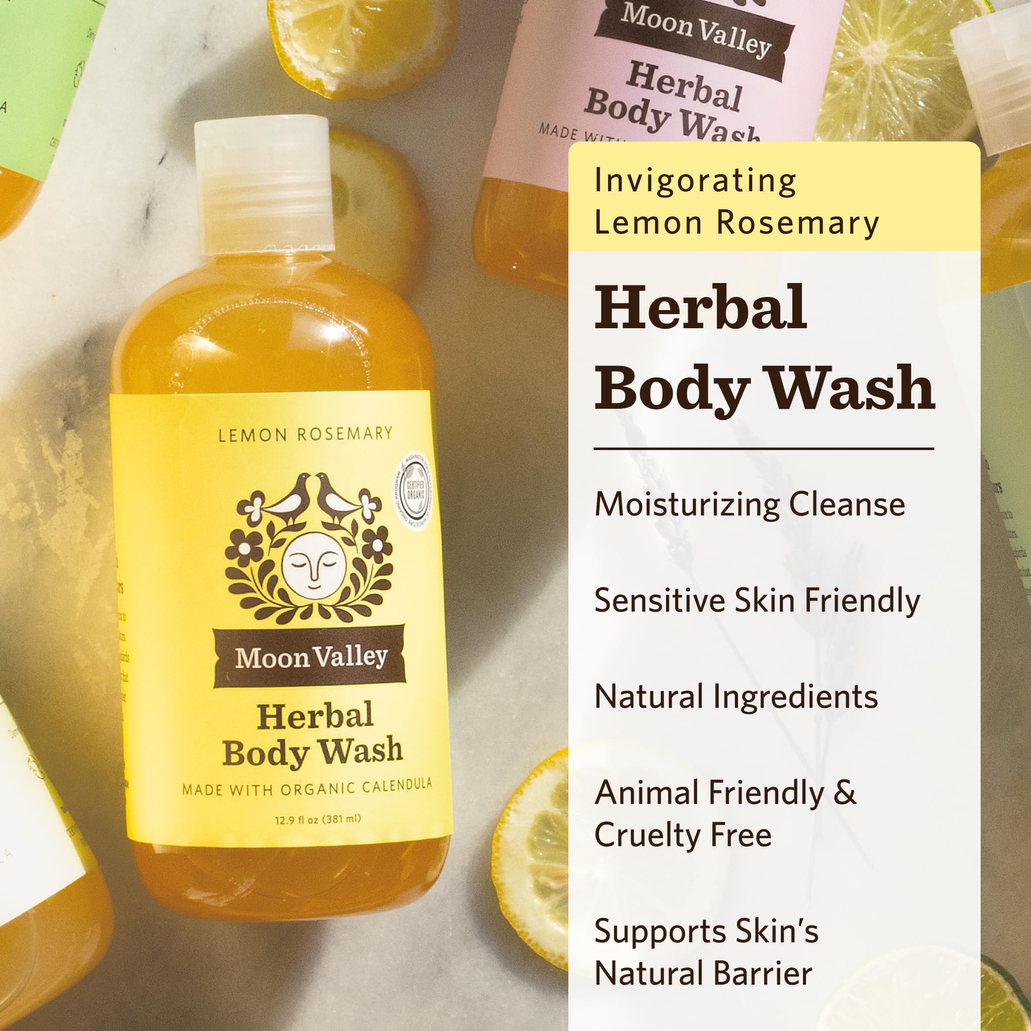 Moon Valley Organics Lemon Rosemary bottle pour—refreshing scent during showers.