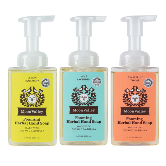 Moon Valley Organics Lemon Rosemary foaming hand soap bottle shows bright citrus and herbal notes for daily cleansing.