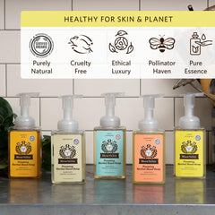 Moon Valley Organics Lemon Rosemary foaming hand soap bubbles in a sink setting