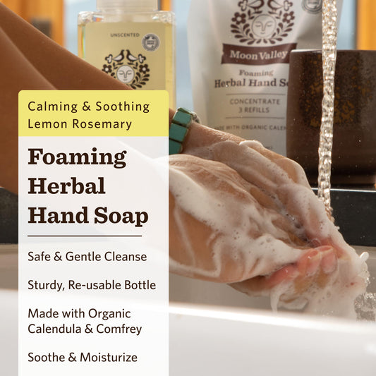 Moon Valley Organics Lemon Rosemary hand soap closeup showing gentle foam and natural ingredients