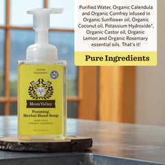 Moon Valley Organics Lemon Rosemary hand soap label highlights vegan non GMO gluten free credentials