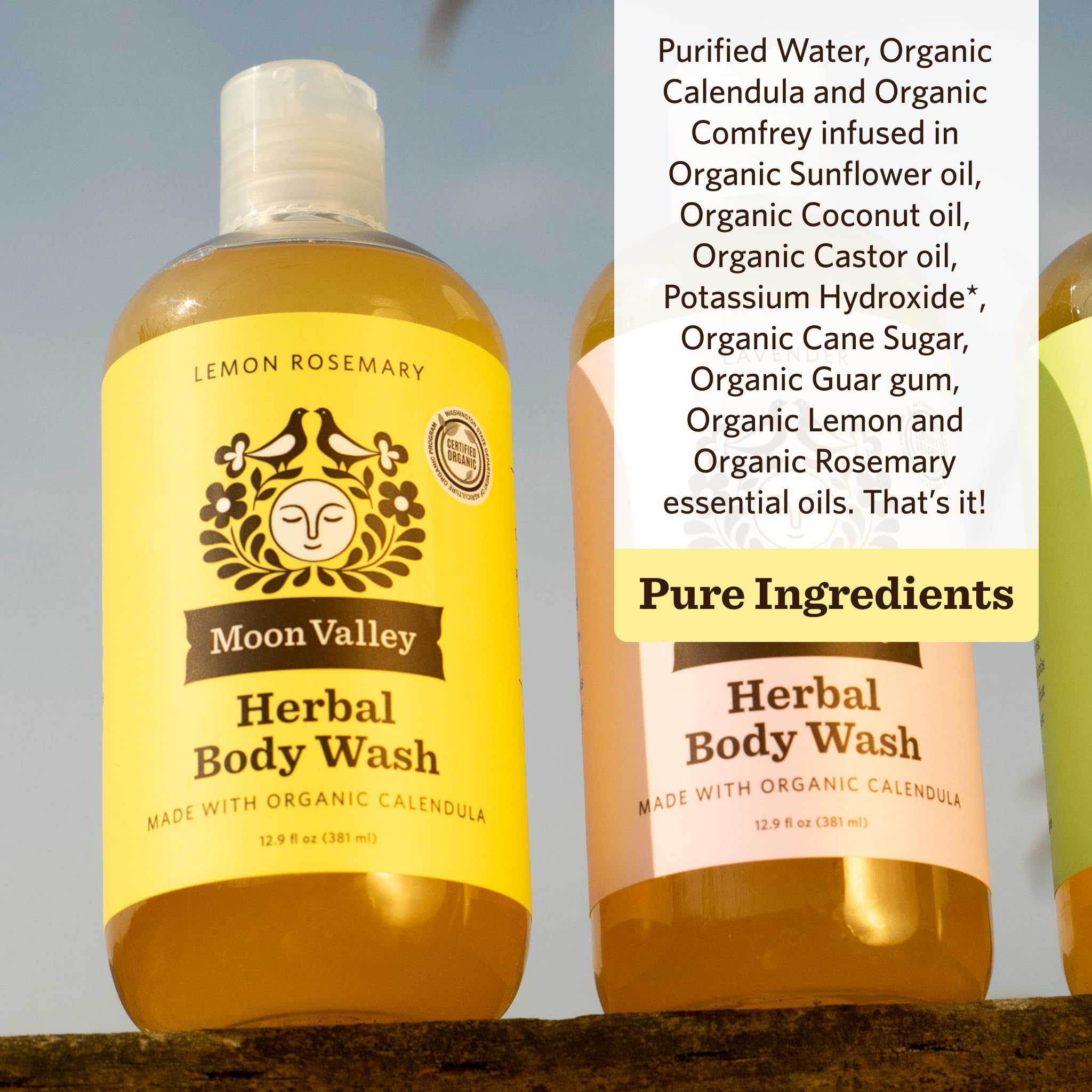 Moon Valley Organics Lemon Rosemary bottle label—vegan, paraben-free formula.