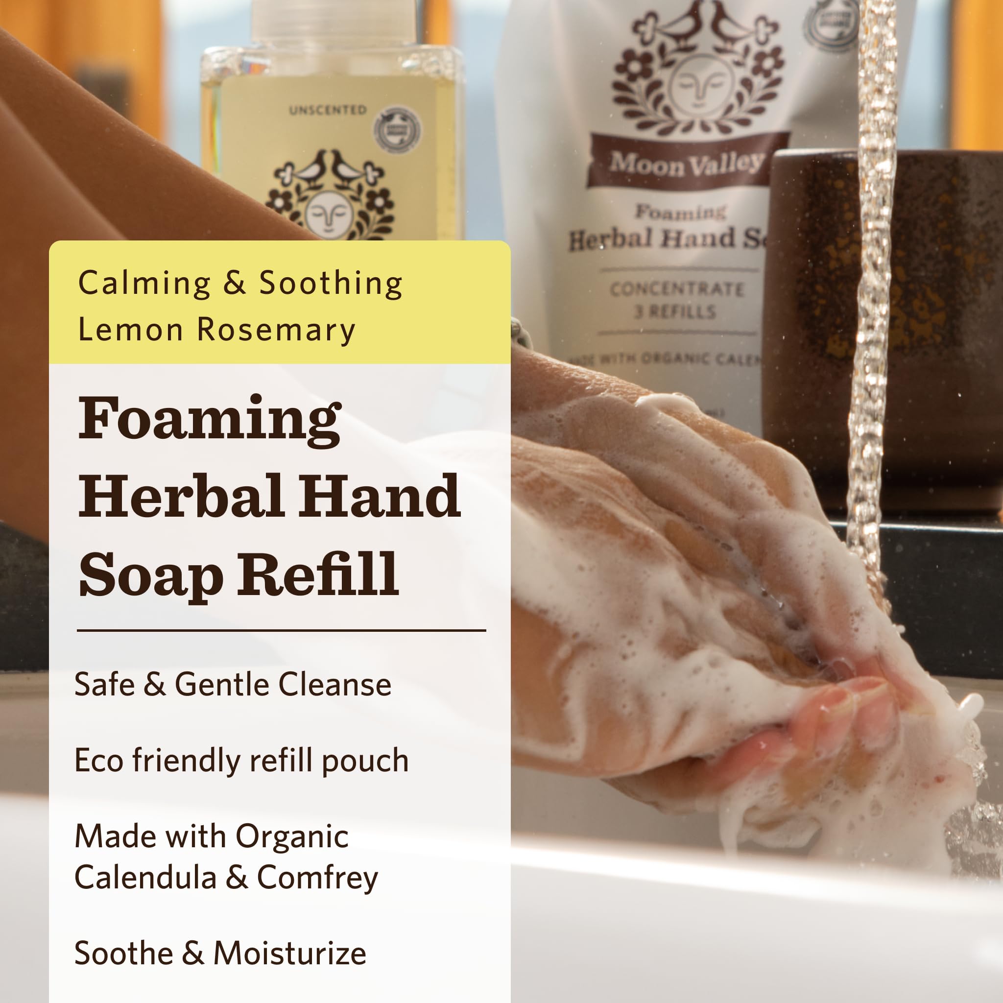 Close-up of Moon Valley Organics refill pouch showing lemon rosemary scent