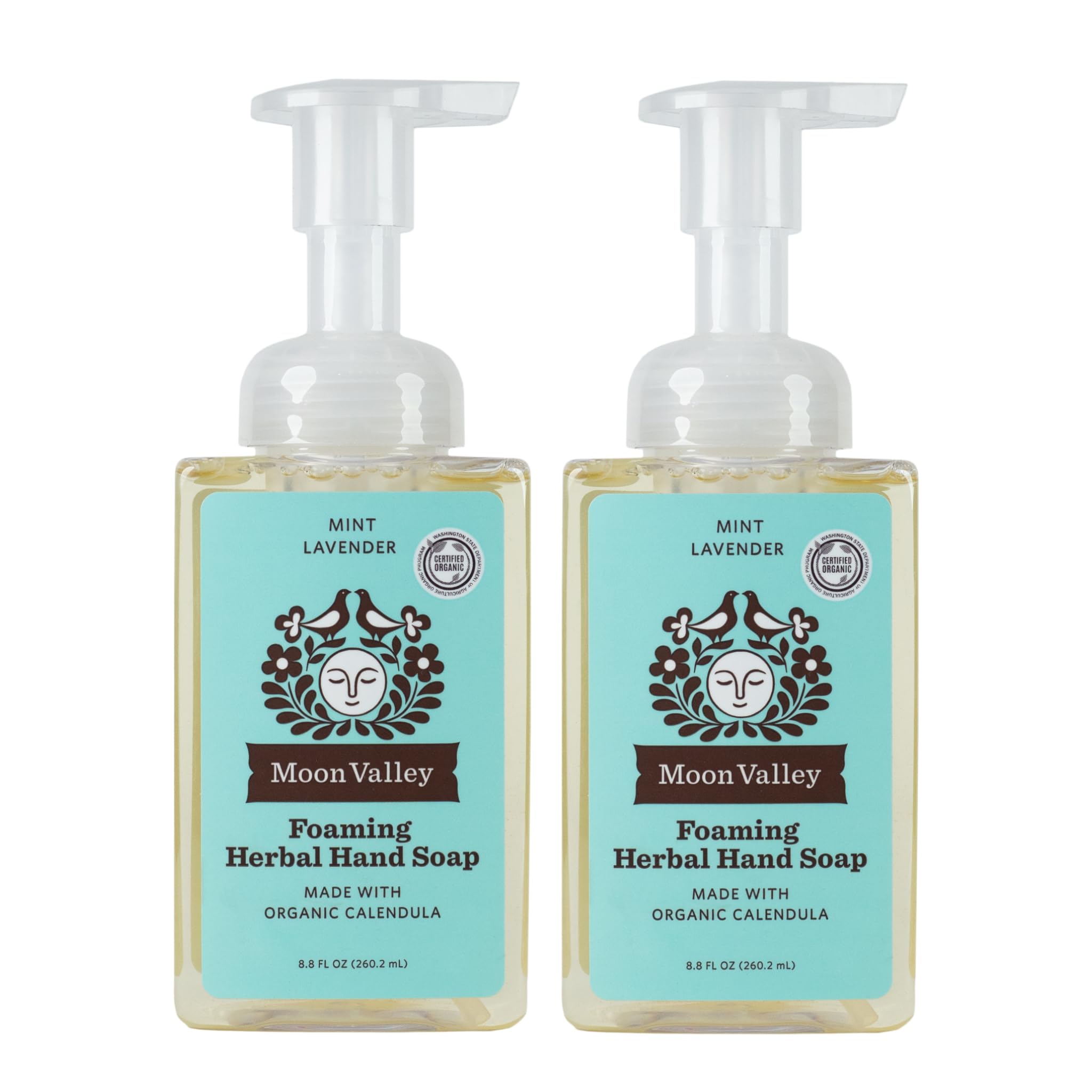 Moon Valley Organics Mint Lavender foaming hand soap two-pack bottle display, soft hands