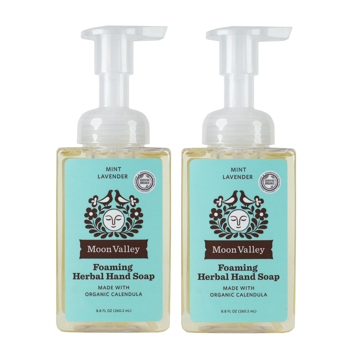 Moon Valley Organics Mint Lavender foaming hand soap two-pack bottle display, soft hands