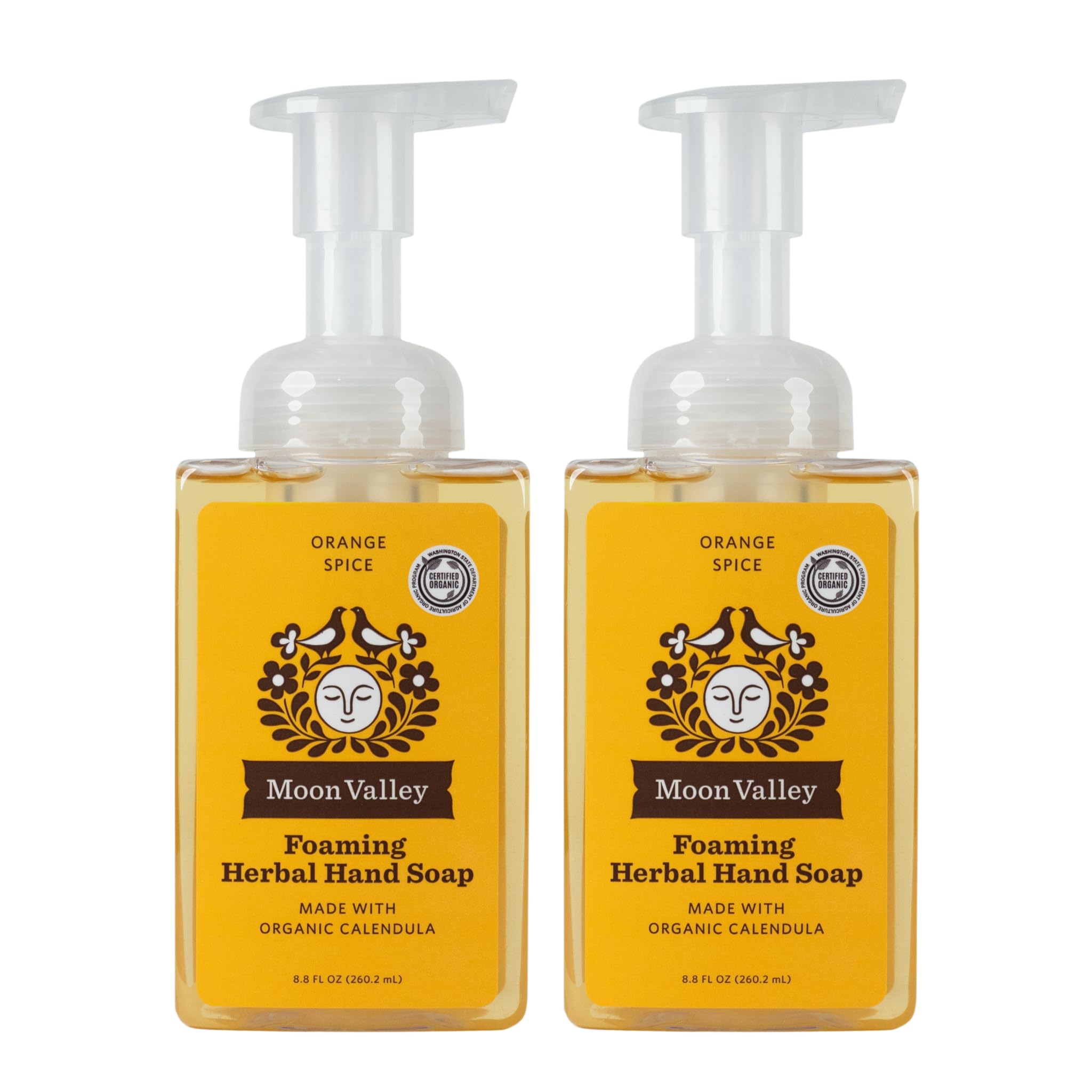 Moon Valley Organics Orange Spice foaming hand soap bottle shows recyclable packaging and gentle cleansing