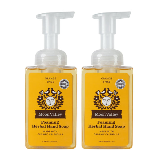 Moon Valley Organics Orange Spice foaming hand soap bottle shows recyclable packaging and gentle cleansing