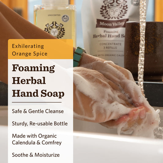 Moon Valley Organics Orange Spice foaming hand soap label highlights organic vegan ingredients