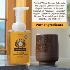 Moon Valley Organics Orange Spice foaming hand soap pump demonstrates easy, quick lather