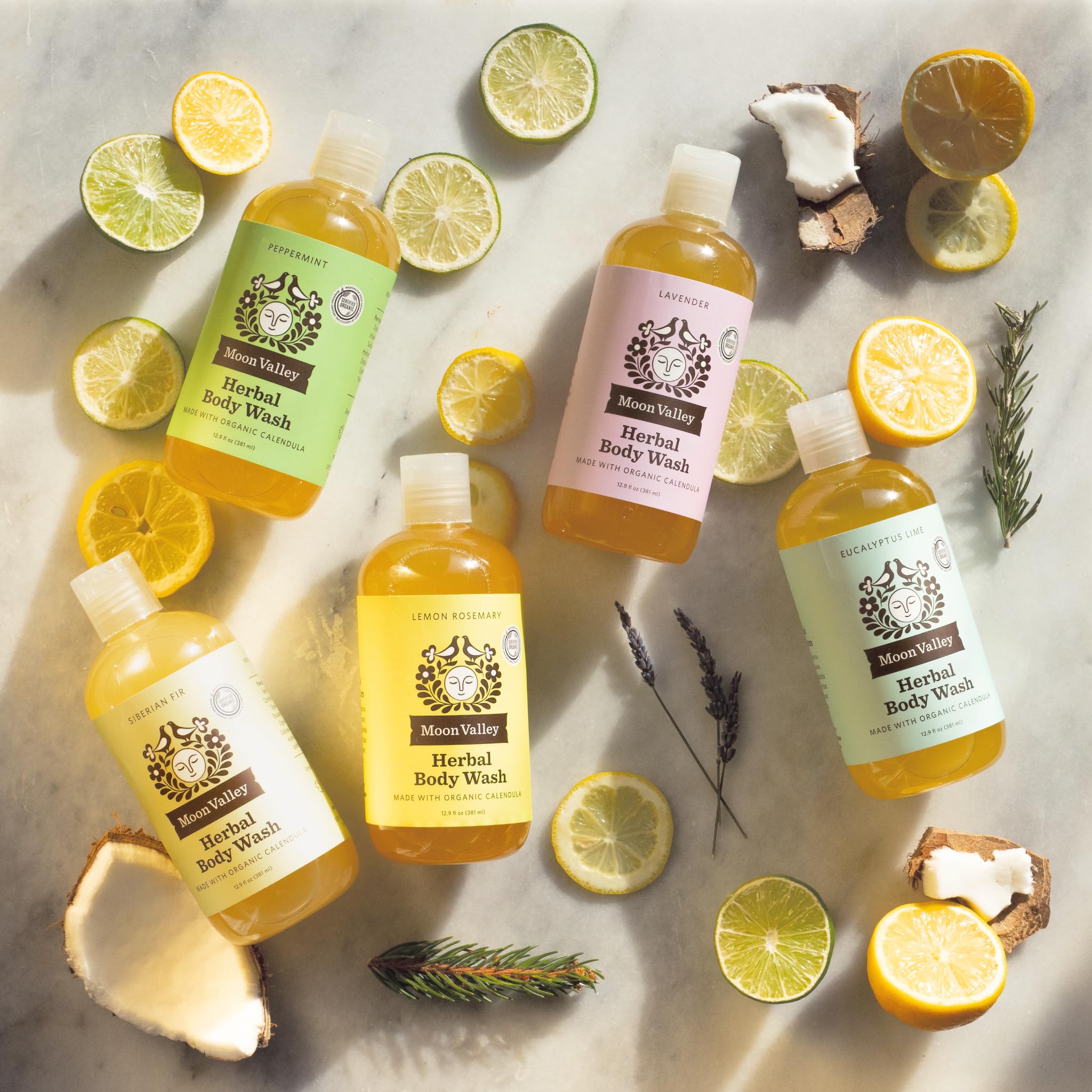 Moon Valley Organics recyclable packaging emphasizes eco-friendly bottles and care.