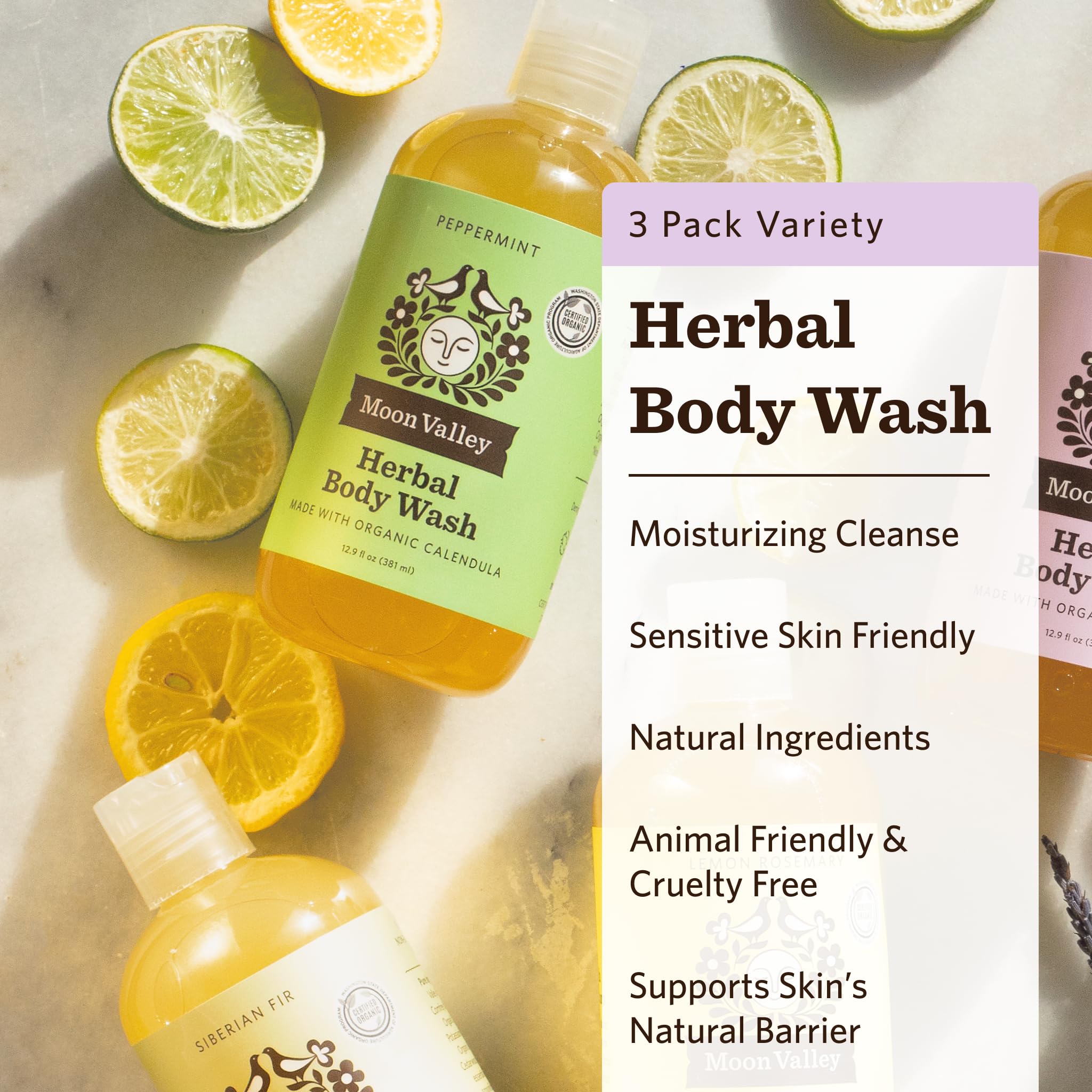 Moon Valley Organics Peppermint Body Wash bottle offering a refreshing, cooling start.