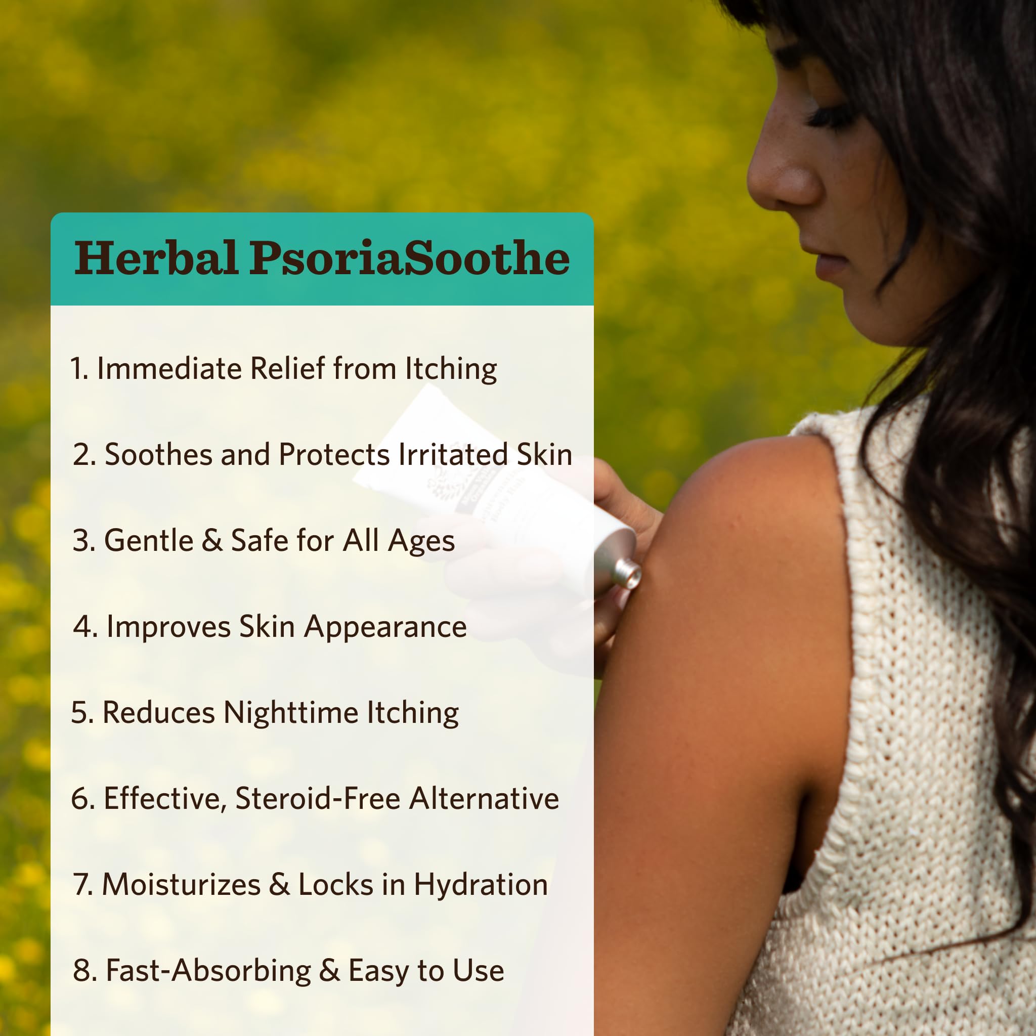 Moon Valley Organics PsoriaSoothe salve application swatch demonstrates moisturizing use on dry skin.