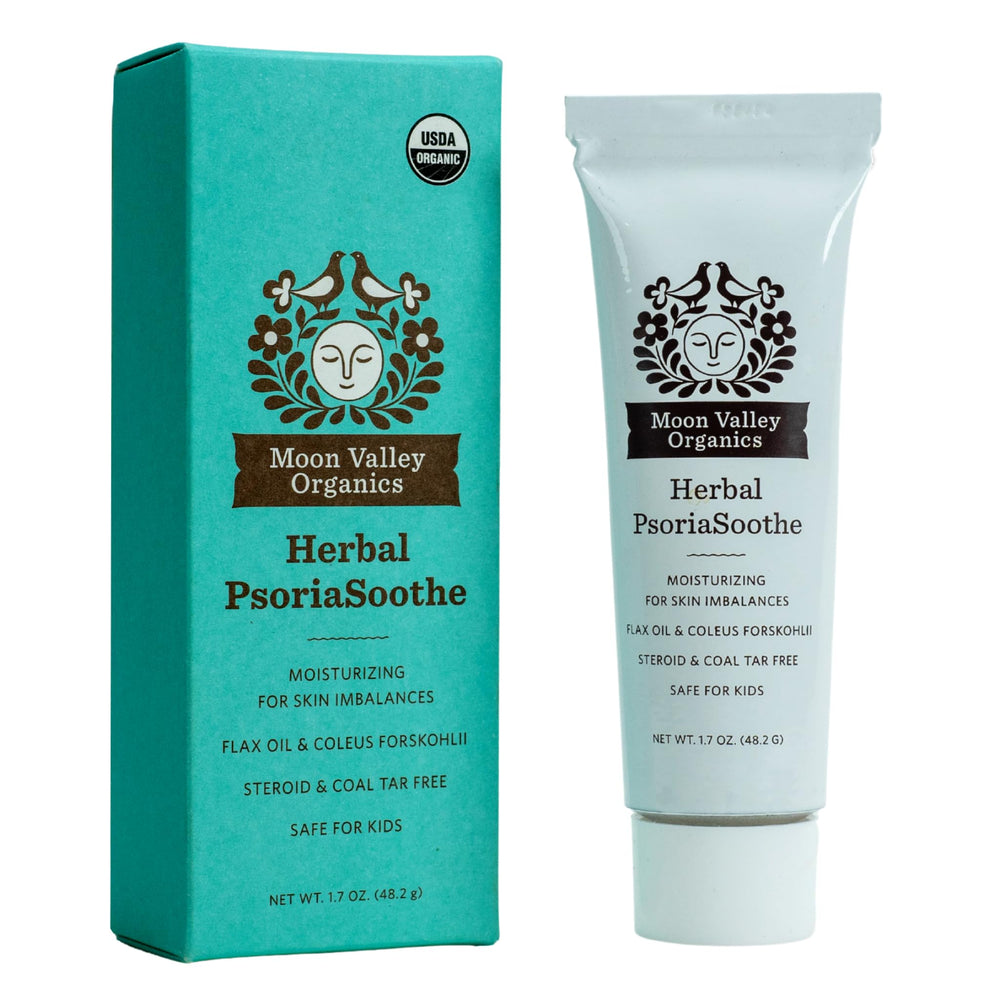 Moon Valley Organics PsoriaSoothe salve tube close-up for soothing daily skin care.