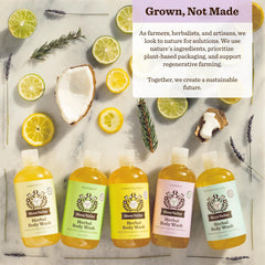 Moon Valley Organics Siberian Fir Body Wash bottle delivering piney aroma and moisture.