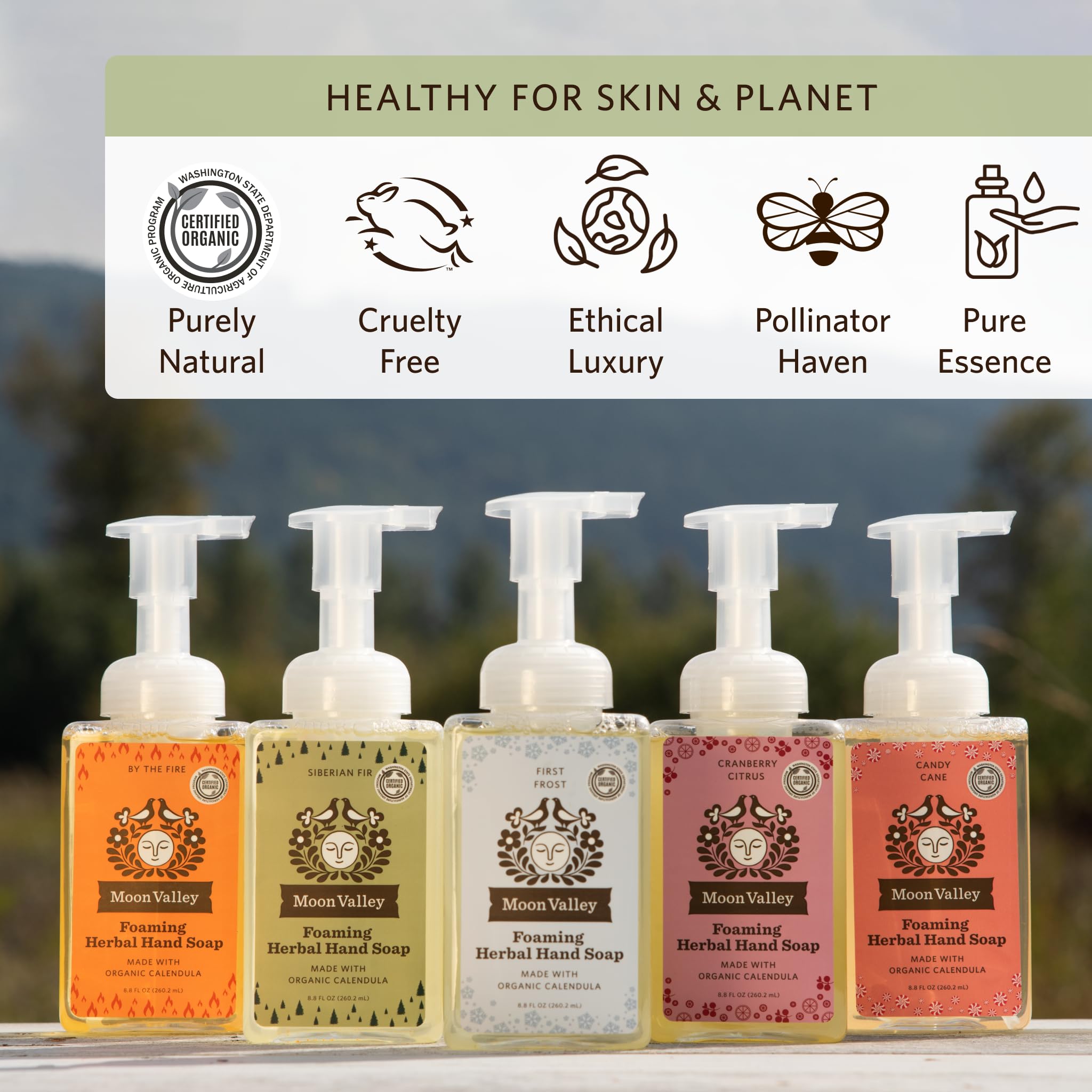 Moon Valley Organics vegan non-GMO label on soap bottle.