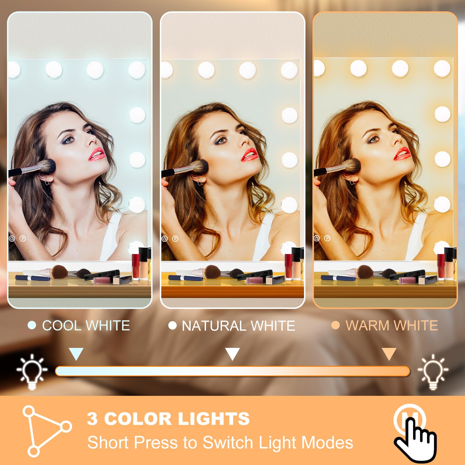 Moonee vanity mirror offers three color settings to match time of day and mood.