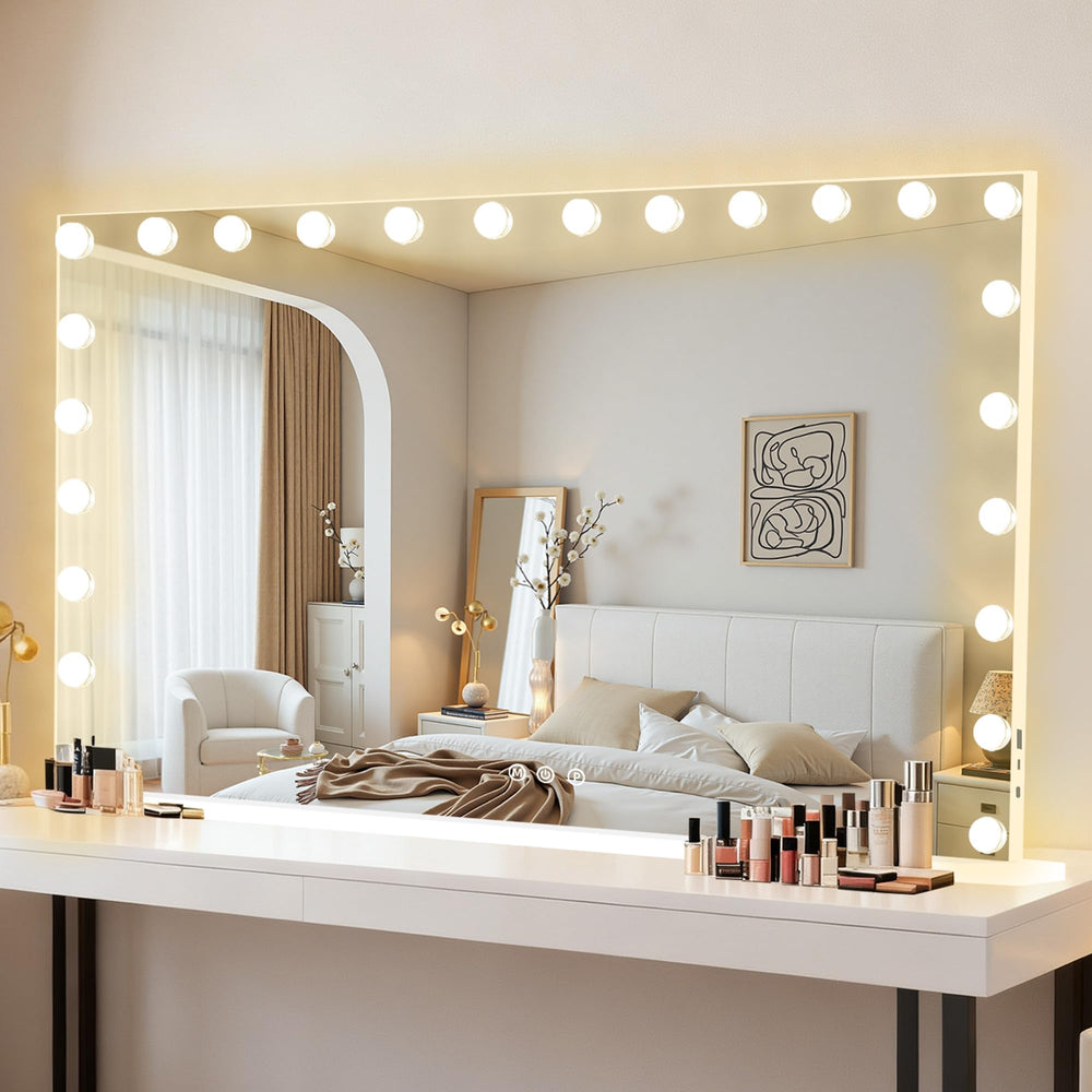 Moonee vanity mirror with lights shows 24 dimmable bulbs for customizable makeup illumination.