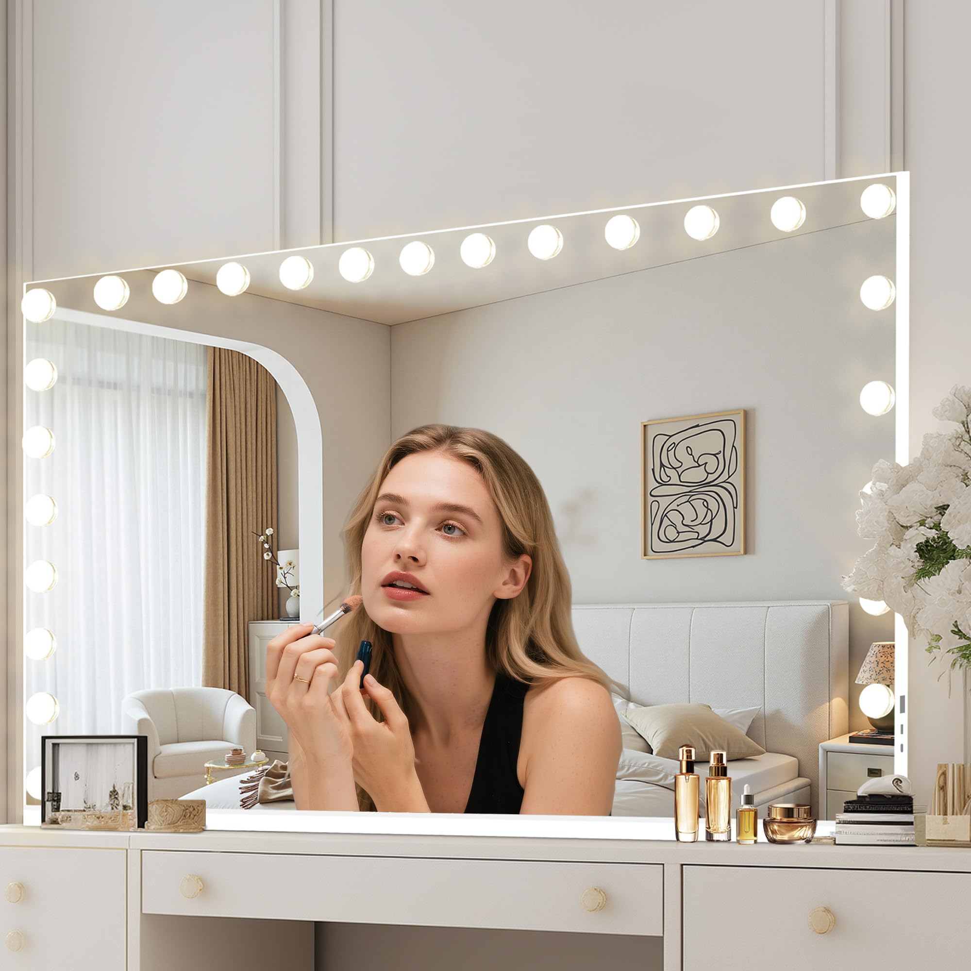 Moonee vanity mirror supports tabletop or wall mounting for flexible installation.