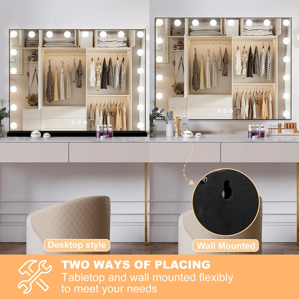 Tabletop or wall mount capability of Moonee vanity mirror