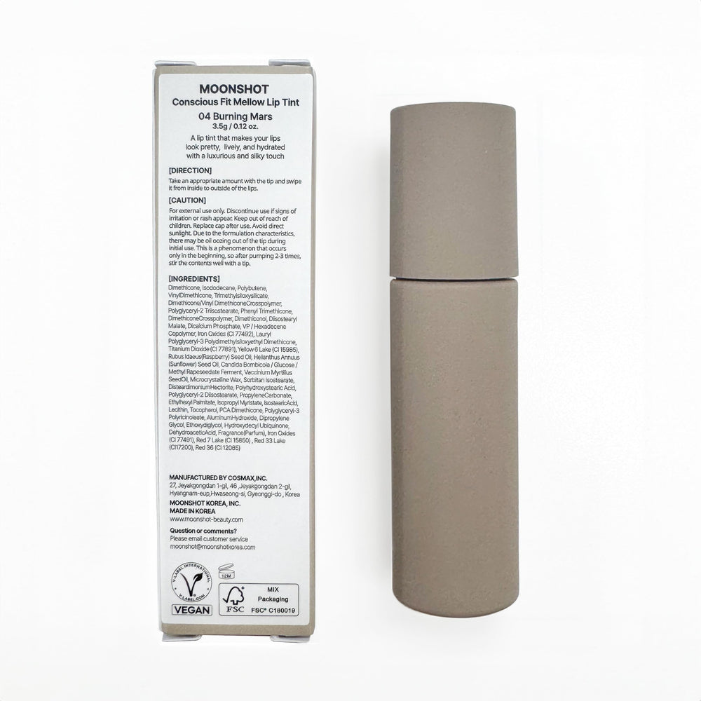 Moonshot Korea Conscious Fit Mellow Lip Stain cruelty-free badge visible.