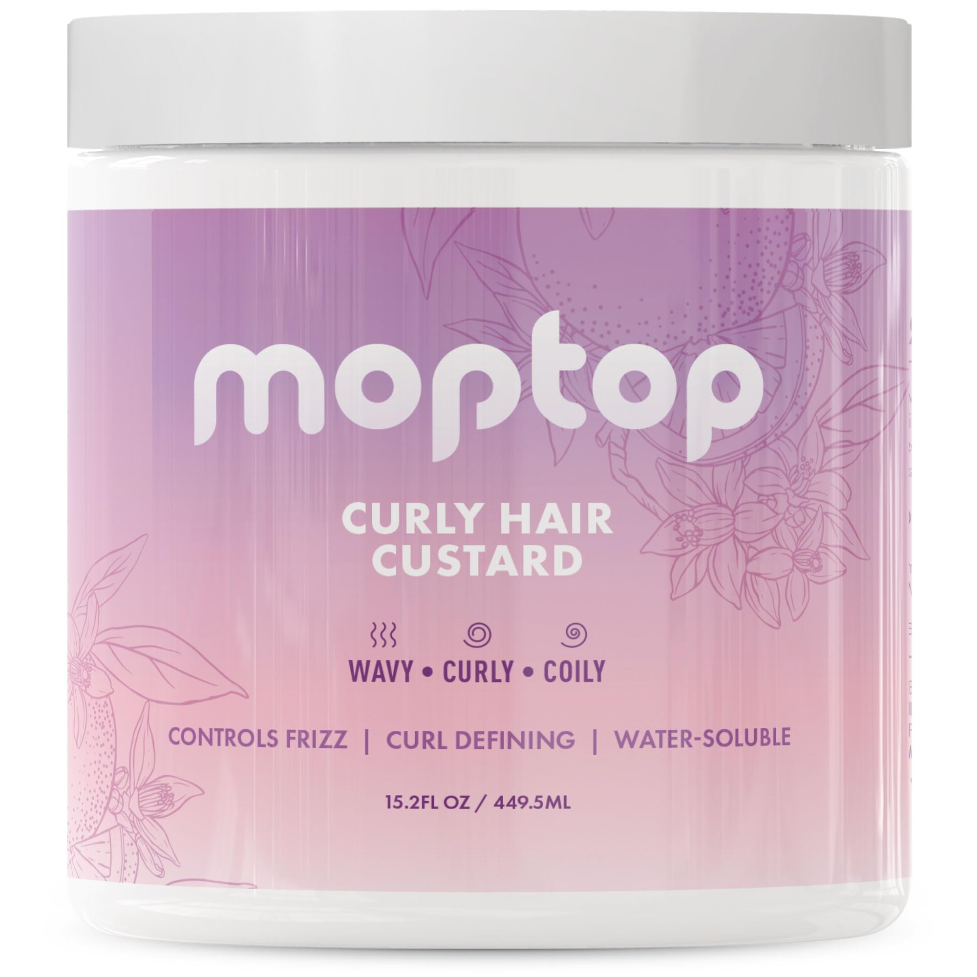 MopTop Curly Hair Gel Custard bottle shows a lightweight moisturizer for frizz control.